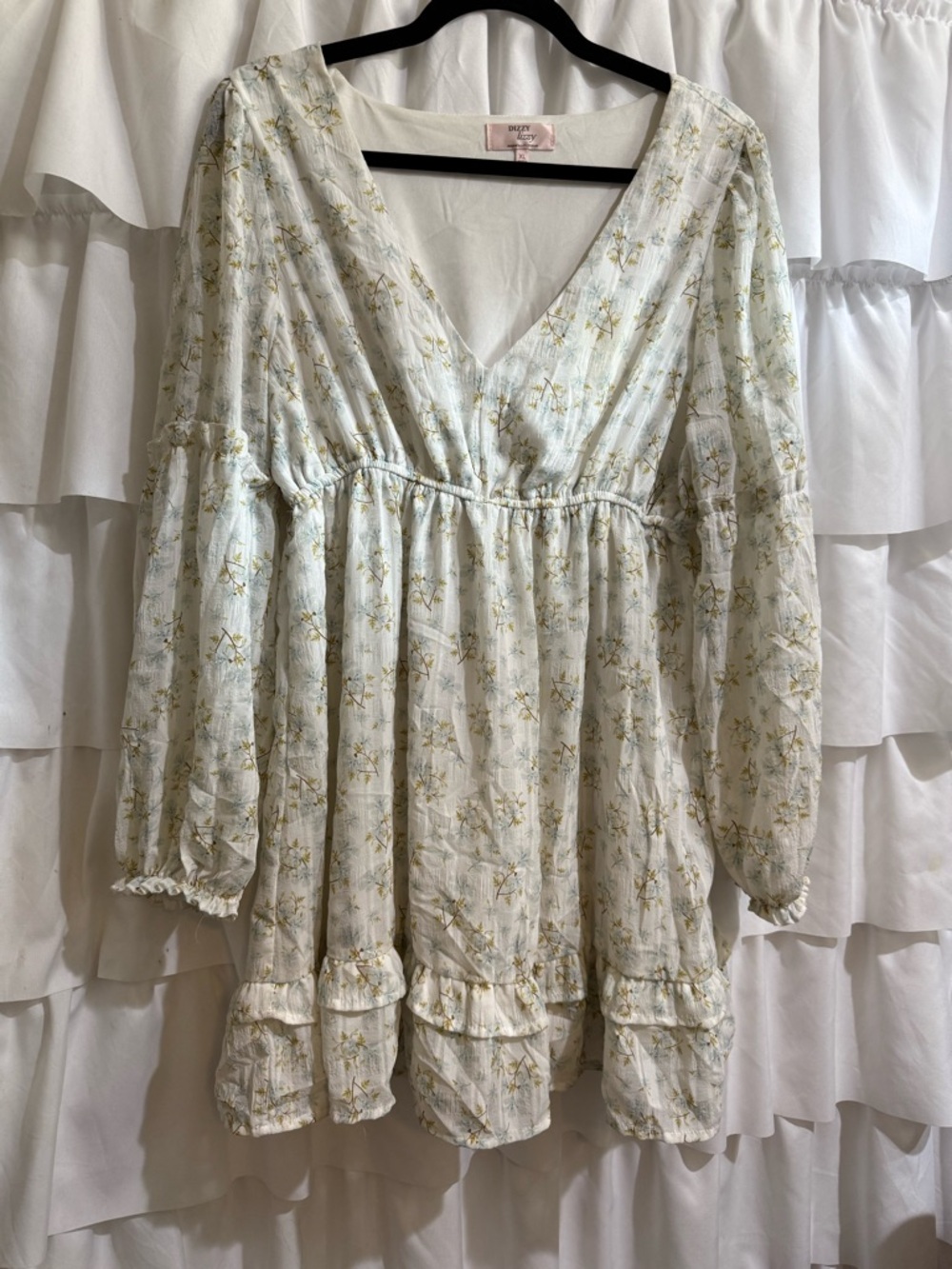 Floral V-Neck Long Sleeve Mini Dress - Cream